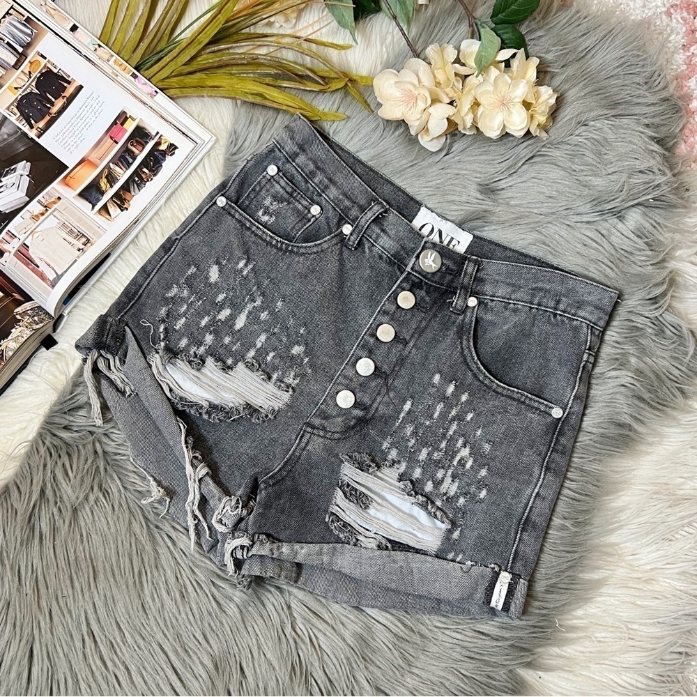 One Teaspoon Outlaws Gray Low Waist Long Rise Button Fly Denim Shorts Sz 0